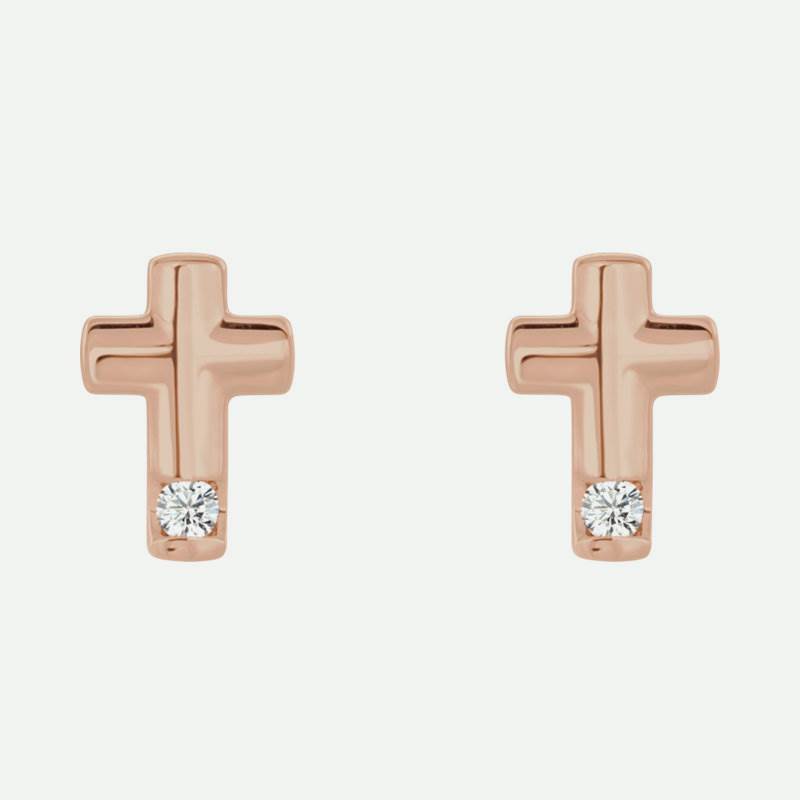 Pair view of rose gold diamond cross Christian earrings for women