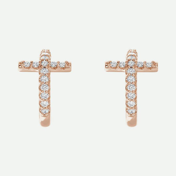 Pair view of rose gold diamond cross j-hoop Christian earrings for women