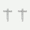 Pair view of sterling silver diamond cross j-hoop Christian earrings for women