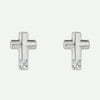 Pair view of white gold diamond cross Christian earrings for women