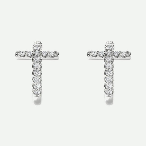 Pair view of white gold diamond cross j-hoop Christian earrings for women