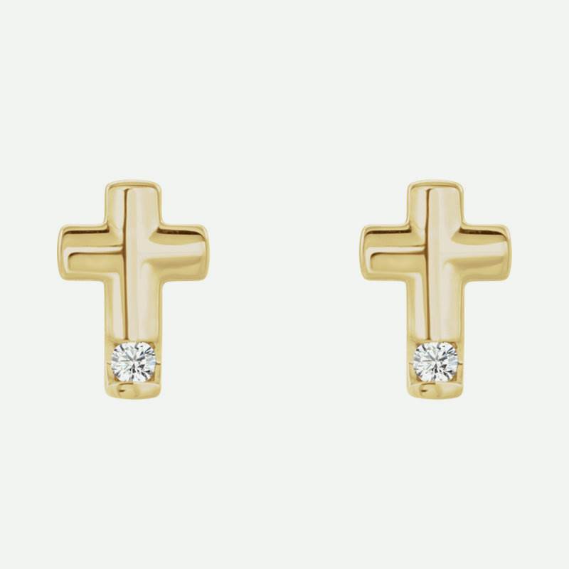 Pair view of yellow gold diamond cross Christian earrings for women