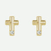Pair view of yellow gold diamond cross Christian earrings for women