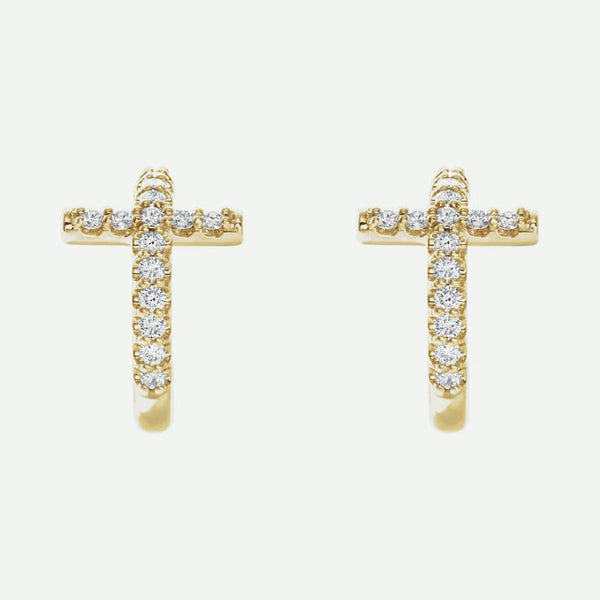 Pair view of yellow gold diamond cross j-hoop Christian earrings for women