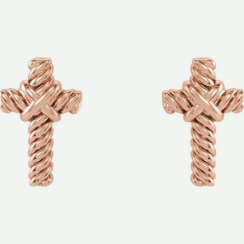 Front View Of Rope Cross Rose Gold Christian Earrings For Women From Glor-e