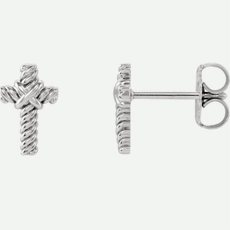 Front And Side Views Of Rope Cross White Gold Christian Earrings For Women From Glor-e