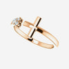 Second oblique view of rose gold Negative Space Cross Christian ring for women