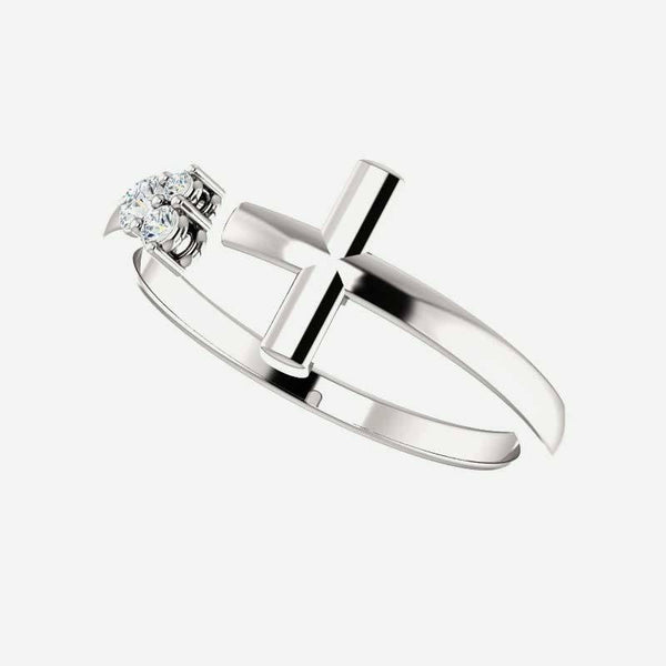 Second oblique view of white gold Negative Space Cross Christian ring for women