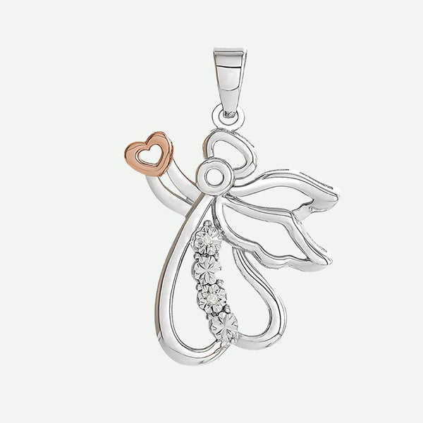Front view of Silver Angel Holding Rose Gold Heart Christian Pendant | Glor-e