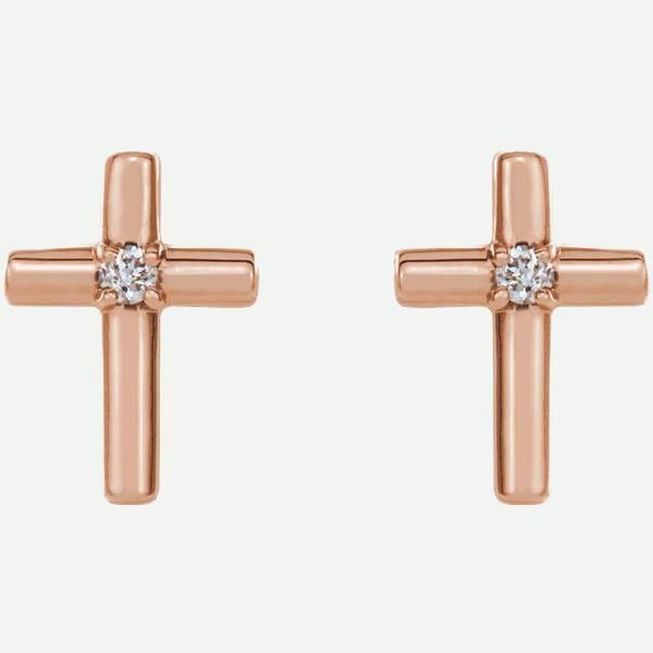 Front View of Solitaire Cross 14K Rose Gold Christian Earring | Glor-e