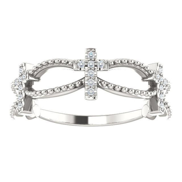 Front view of sterling silver Diamond Stackable Cross Christian Ring For Women