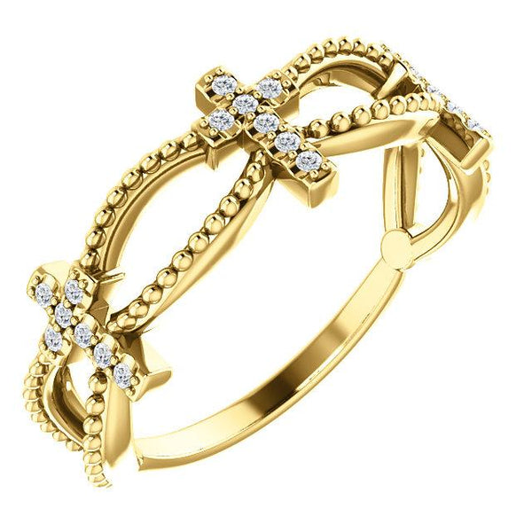 Oblique view of yellow gold Diamond Stackable Cross Christian Ring For Women