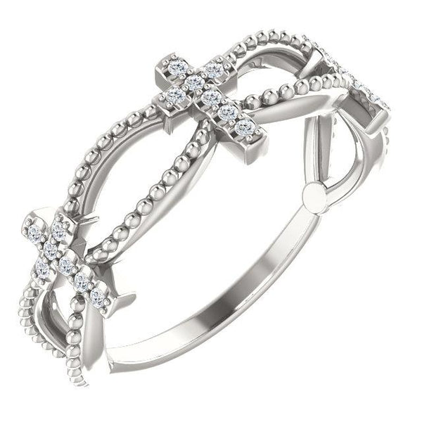 Oblique view of sterling silver Diamond Stackable Cross Christian Ring For Women