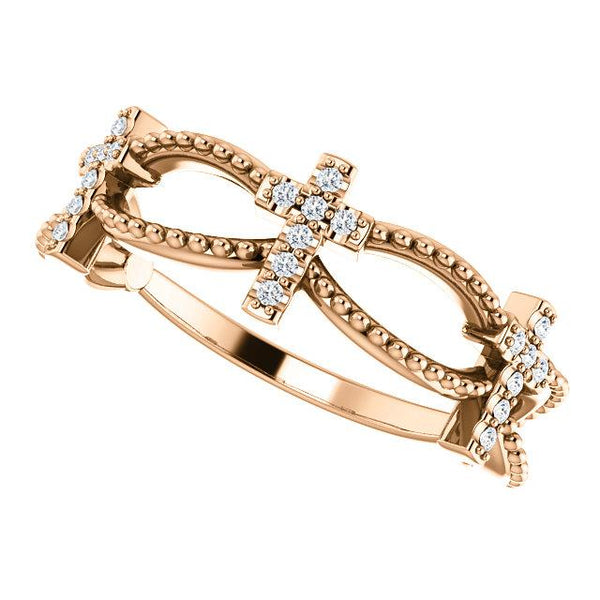 Leaning view of rose gold Diamond Stackable Cross Christian Ring For Women