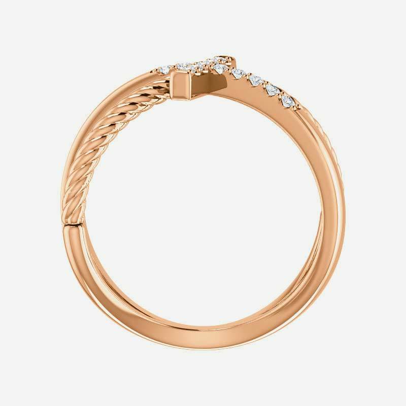 Top view of rose gold diamond cross rope Christian ring for women
