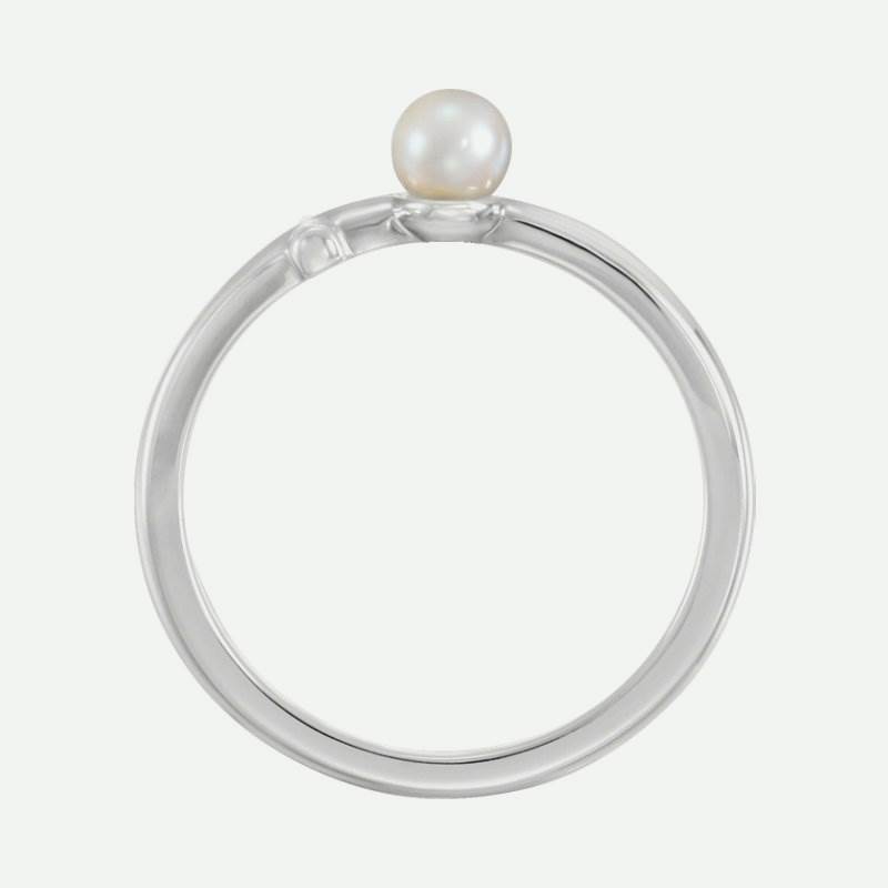 Top view of white gold Sideways Cross Pearl Christian Ring For Women