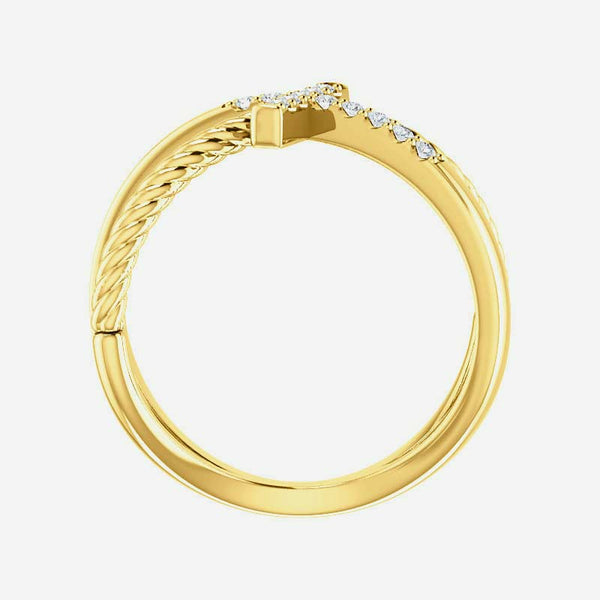 Top view of yellow gold diamond cross rope Christian ring for women
