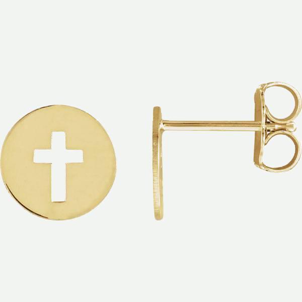 Side View of Pierced Cross 14K Yellow Gold Christian Earring | Glor-e