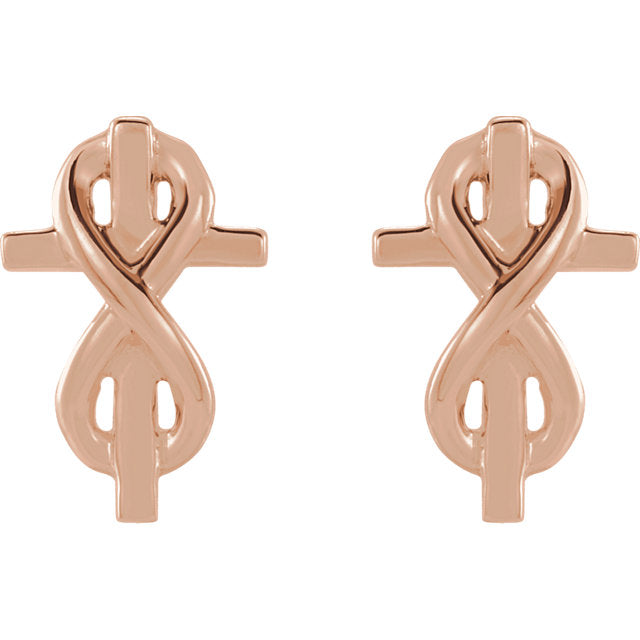 Front view of rose gold Infinity-Inspired Cross Christian Earrings