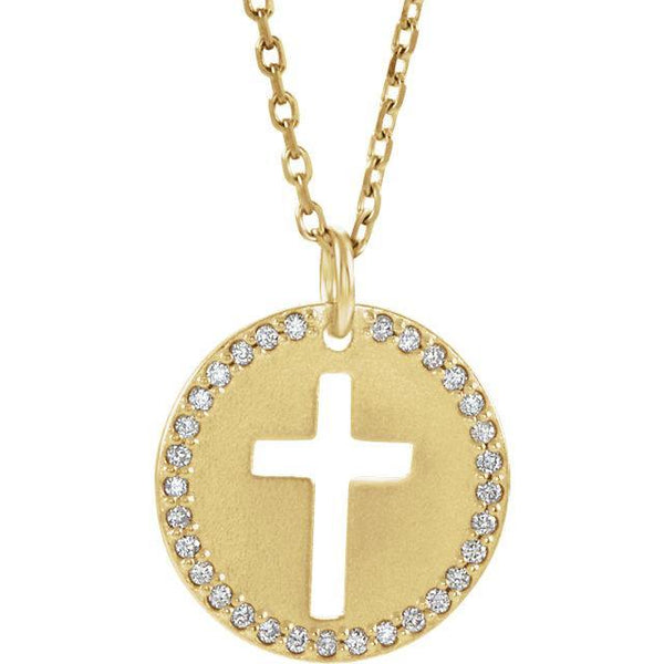 Front view of yellow gold Pierced Cross Christian Necklace For Women